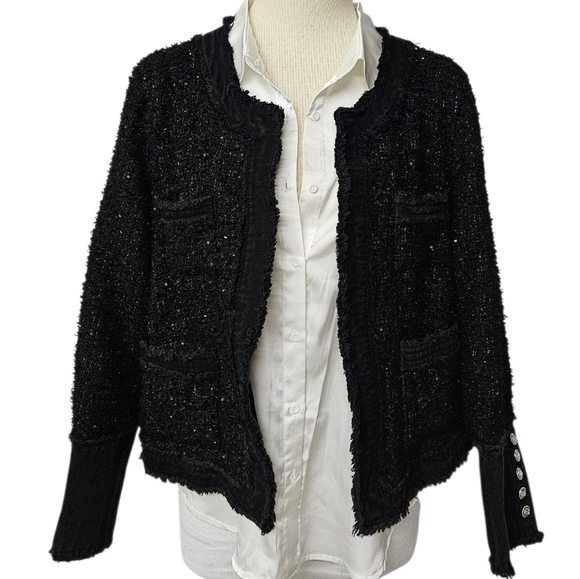 Nanette Lapore Cotton Tweed Jacket With Open Front In Black & Silver Sequins NWT - Picture 3 of 14